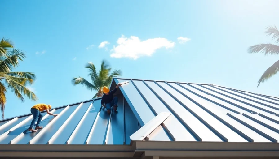 Install a florida metal roof on a modern home featuring sleek metallic panels and lush greenery.