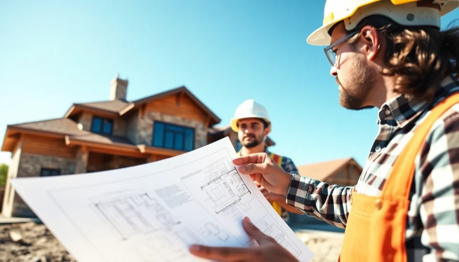 Custom home builders near me discussing a construction project with architectural plans.