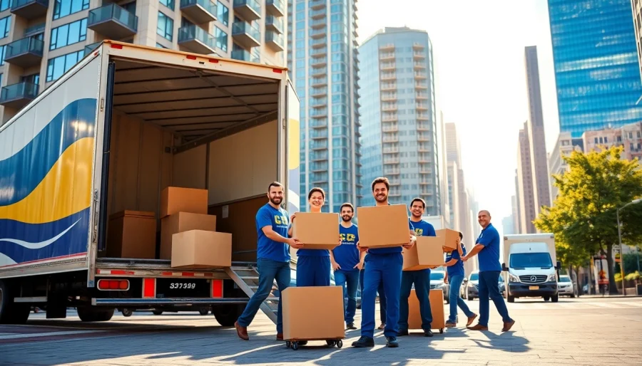 Queens movers providing professional moving services at an urban apartment complex.