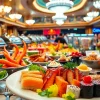 Indulge in mouthwatering buffets in Vegas featuring a vibrant array of gourmet dishes.