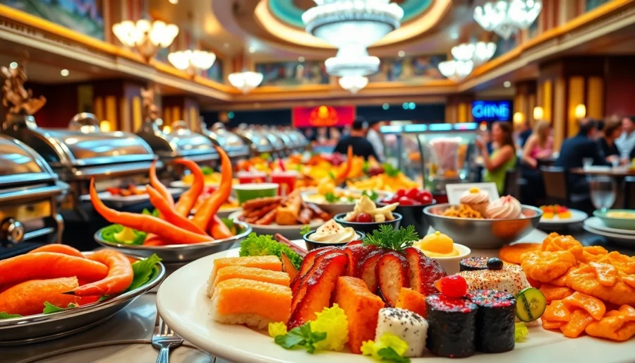 Indulge in mouthwatering buffets in Vegas featuring a vibrant array of gourmet dishes.