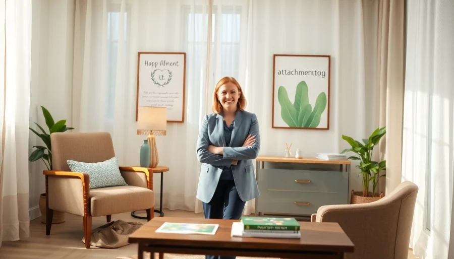 Attachment theory specialist consulting in a warm and inviting therapy room.