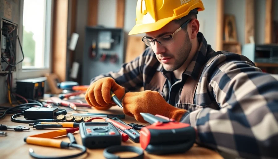 Skilled electrician apprentice in Hawaii working on wiring, showcasing tools and focus on safety.