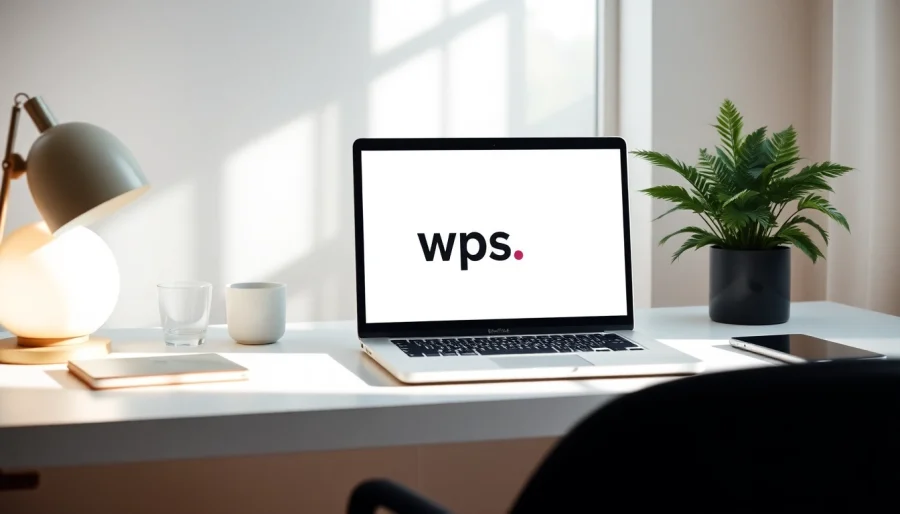 Download wps下载 on a sleek laptop in a bright, modern workspace, showcasing productivity and efficiency.