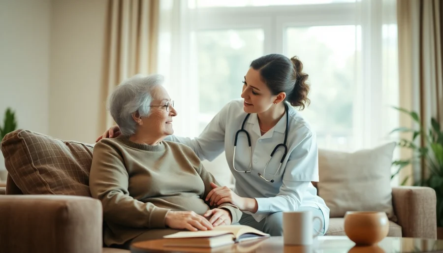 Austin senior home care showcasing a caregiver engaging warmly with a senior client.