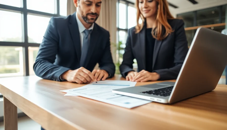 Reviewing a trademark application with a consultant in a modern office setting.