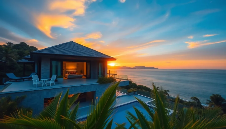 View of luxurious properties in Phuket real estate under a vibrant sunset, showcasing tropical elegance.