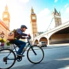 Dynamic same day courier service in London, showcasing a speedy bicycle courier against iconic city landmarks.