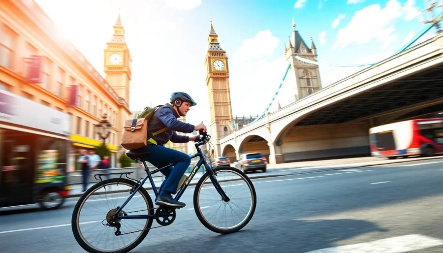 Dynamic same day courier service in London, showcasing a speedy bicycle courier against iconic city landmarks.
