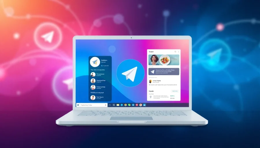 Interact with the Telegram電腦版 app interface displayed on a modern laptop, showcasing its vibrant features.