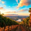 Experience Clarksburg's enchanting vineyards under a stunning sunset in California.