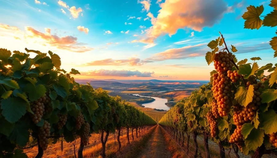 Experience Clarksburg's enchanting vineyards under a stunning sunset in California.