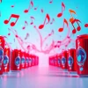 Experience the joy of 汽水音乐官网 with vibrant music notes flowing from colorful soda cans.