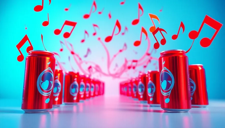 Experience the joy of 汽水音乐官网 with vibrant music notes flowing from colorful soda cans.