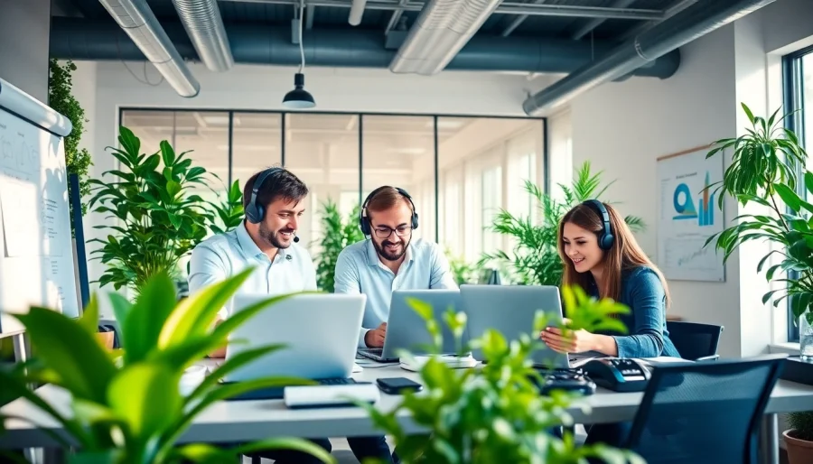 Edmonton IT support team collaborating on devices in a modern office.