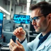 American scientist analyzing microchip designs in a high-tech laboratory setting.