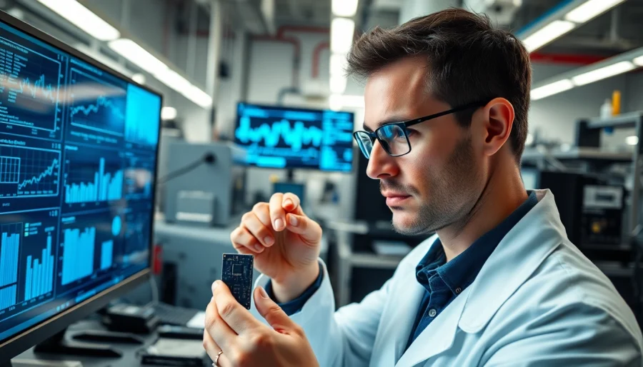 American scientist analyzing microchip designs in a high-tech laboratory setting.