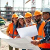 Analyze nvq level 6 construction site management answers on a busy construction site with professionals discussing blueprints.