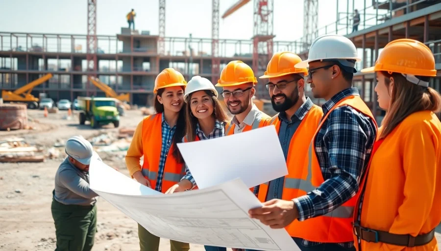 Analyze nvq level 6 construction site management answers on a busy construction site with professionals discussing blueprints.