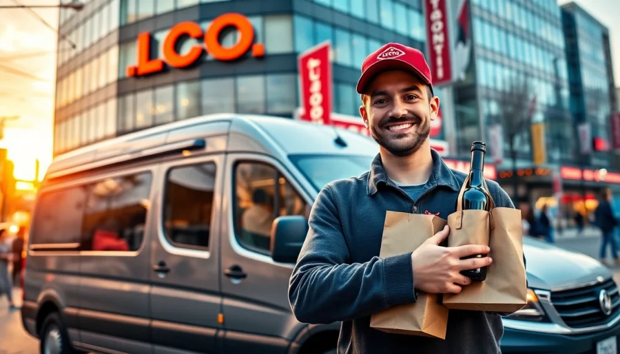 Order LCBO delivery in Toronto with a friendly driver showcasing fine wines in a vibrant city.