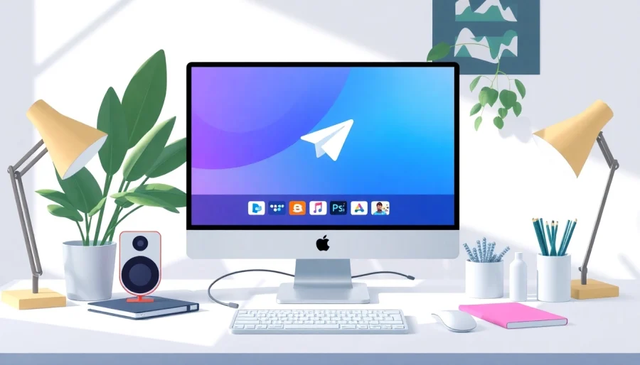 View of a user interacting with Telegram電腦版 on a sleek computer in a contemporary workspace.