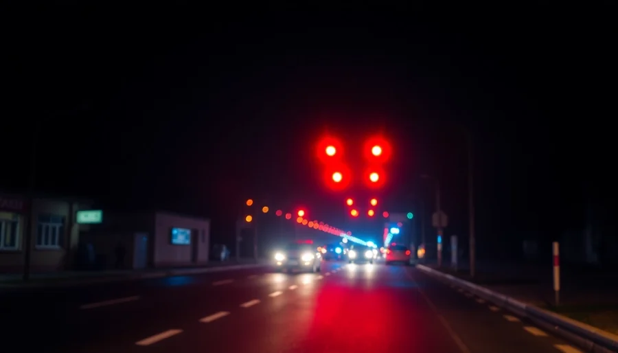 Düzce haber son dakika: Traffic incident scene illuminated by police lights showing urgency and response.