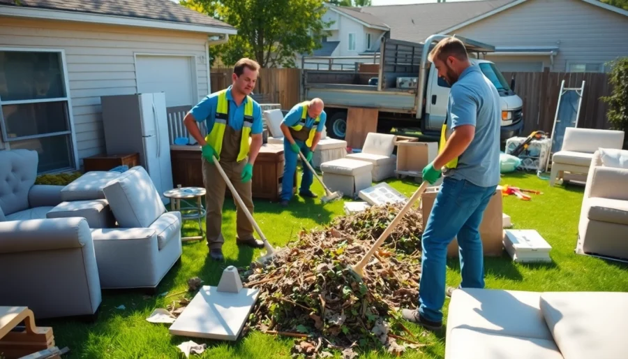 Efficient junk removal service team clearing yard debris and unwanted items in a clean residential area.