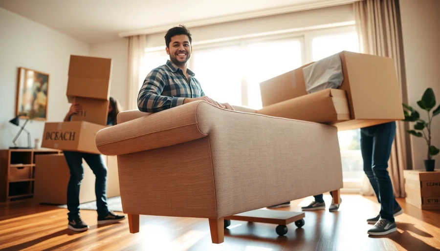 Queens movers expertly relocating furniture with care in a bright, welcoming living space.