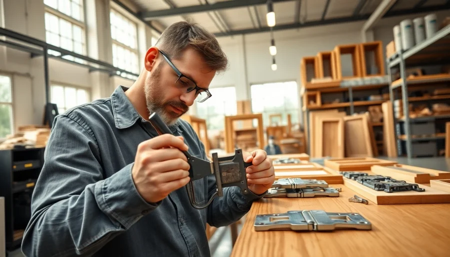 Cabinet Hinge Manufacturers showcase high-quality metallic hinges in a professional workshop setting.
