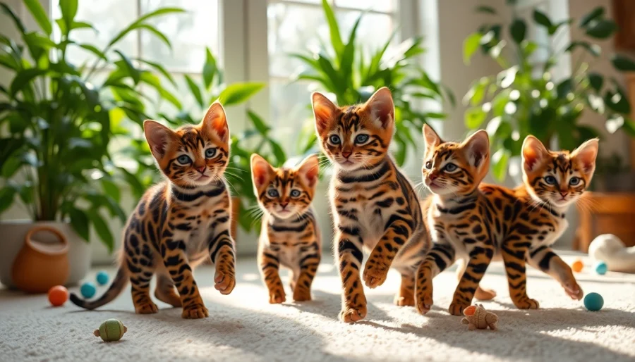 Playful Bengal Kittens for Sale showcase their charming personalities in a sunlit setting.