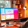Engage with the quickq下载 app in a modern home office illustration showcasing vibrant productivity.