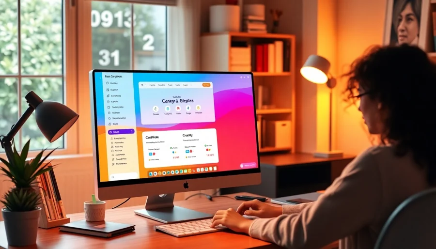 Engage with the quickq下载 app in a modern home office illustration showcasing vibrant productivity.