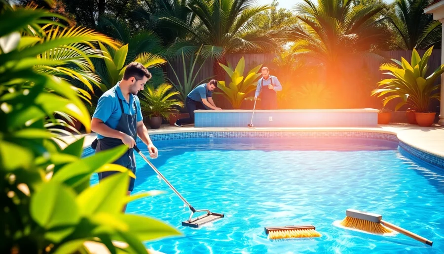 Efficient swimming pool service Pinellas County performed by experts in a sunny backyard setting.
