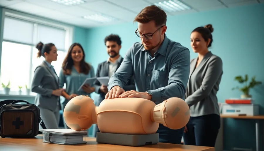 Employees practicing workplace first aid techniques in a training session.