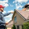Emergency roof repair Texas by a professional inspecting a damaged roof in a serene suburban setting.