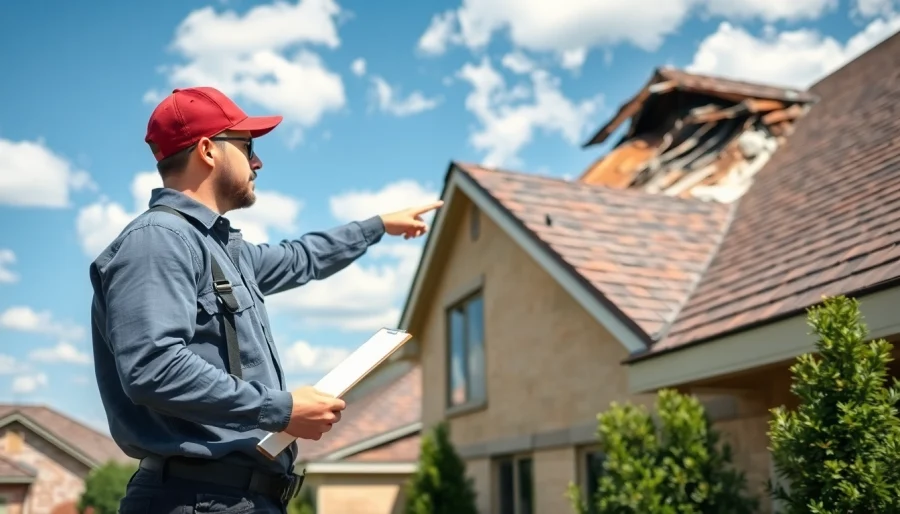Emergency roof repair Texas by a professional inspecting a damaged roof in a serene suburban setting.