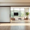 Efficiently use a sliding partition wall to transform and separate spaces within a stylish interior.
