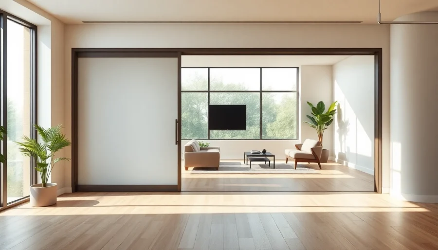 Efficiently use a sliding partition wall to transform and separate spaces within a stylish interior.