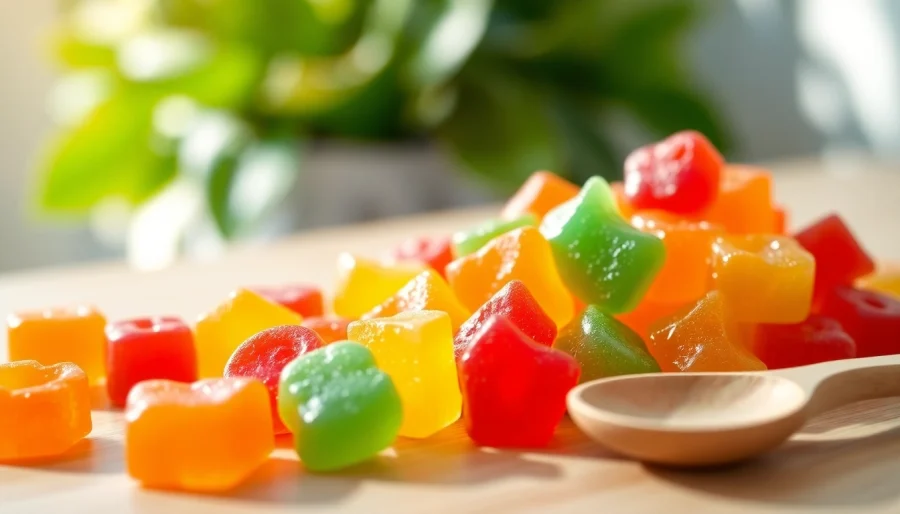 Enjoying nutritious collagen pectin gummies with vibrant colors and fruity shapes.