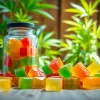 Shop thc gummies online featuring colorful, fruit-flavored gummies in a rustic setting.