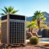 Installing a scottsdale ac unit in a beautiful desert landscape with palm trees.