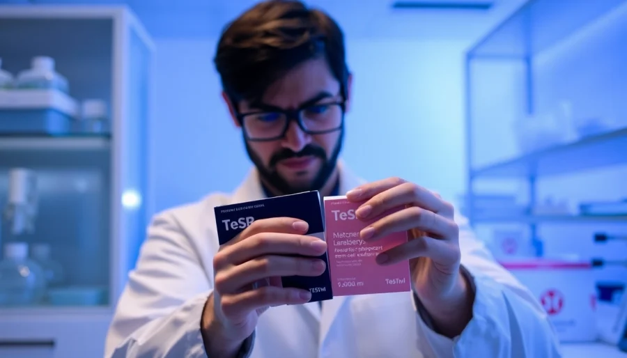 Scientist conducting an all check on TeSR™ feeder-free pluripotent stem cell culture media for quality assurance.