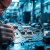 Assembling a through hole PCB assembly with precision in a modern electronics workshop.