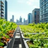 Green Roof Trays showcasing vibrant plants integrated into a cityscape for urban sustainability.