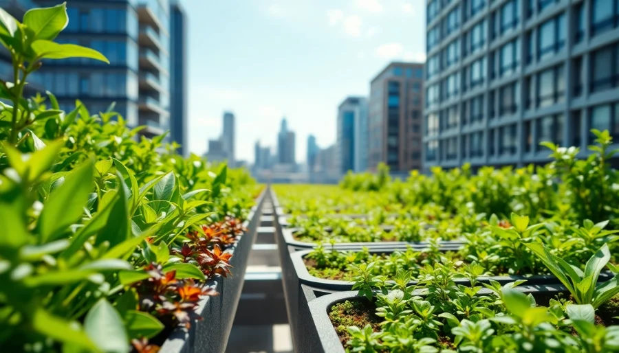 Green Roof Trays showcasing vibrant plants integrated into a cityscape for urban sustainability.