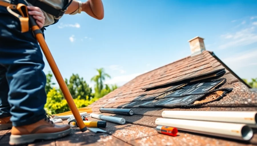 Leakage Repair Roof Specialist Singapore inspecting roof damage with tools.