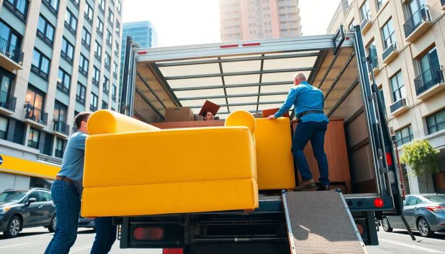 Efficient movers from https://starvanlinesmovers.com professionally loading furniture into a moving truck.
