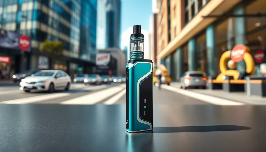 Showcase of a stylish Disposable Vape against a vibrant urban backdrop, highlighting modern design.