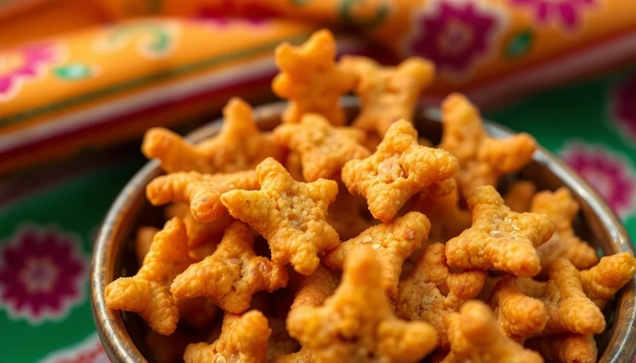 Enjoying Bhujia snacks served in a decorative bowl, showcasing their crispy texture and vibrant color.