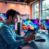 Explore the capabilities of the midjourney api through a professional digital artist's workspace showcasing vibrant artworks.